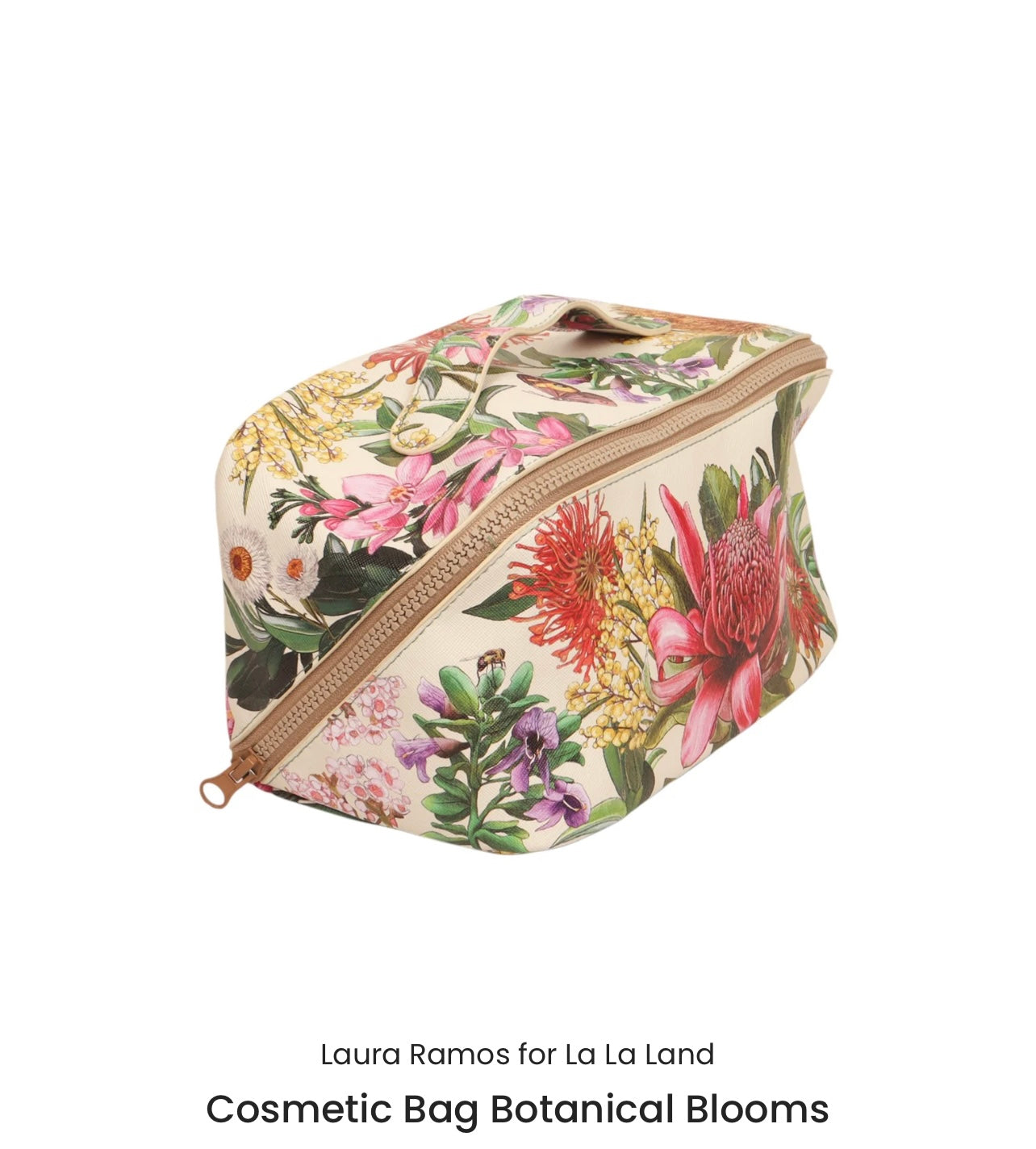 Cosmetic bag with botanical design on a white background
