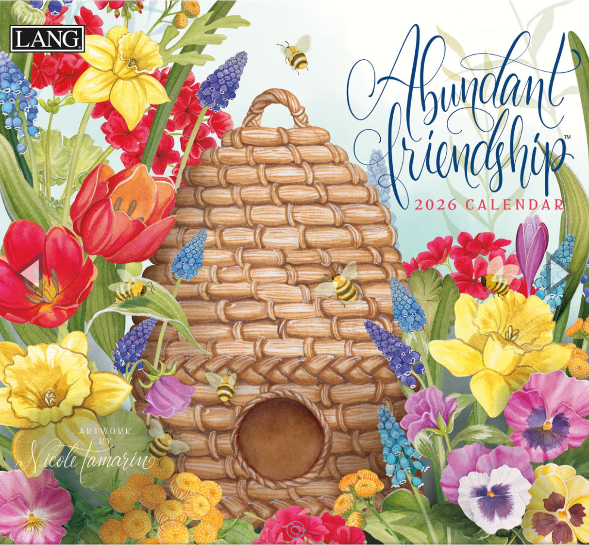2026 calendar cover with a beehive and colorful flowers, featuring the brand 'LANG'.