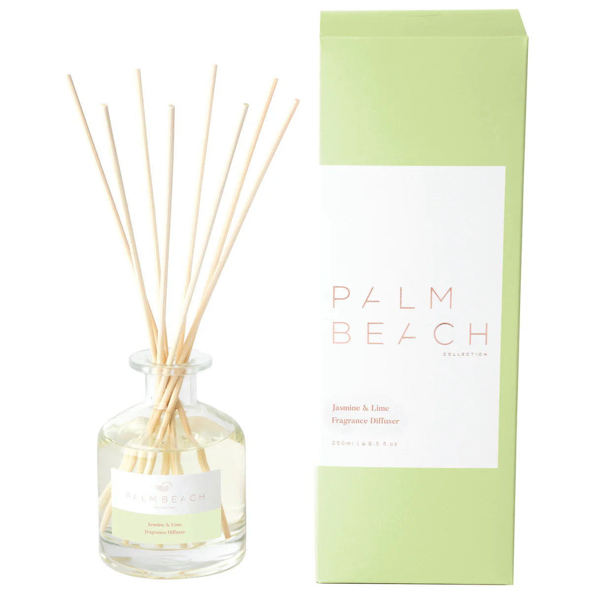 Palm Beach Collection diffuser with reeds and packaging on a white background