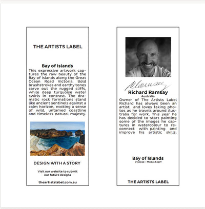 Promotional material for 'The Artists Label' featuring a portrait of Richard Ramsay and scenic description of Bay of Islands.