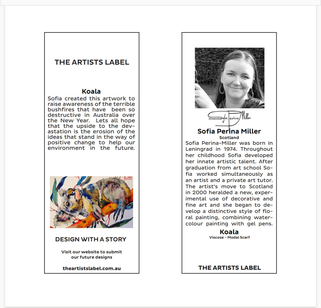 Advertisement for The Artists Label featuring a woman and text about her artwork.