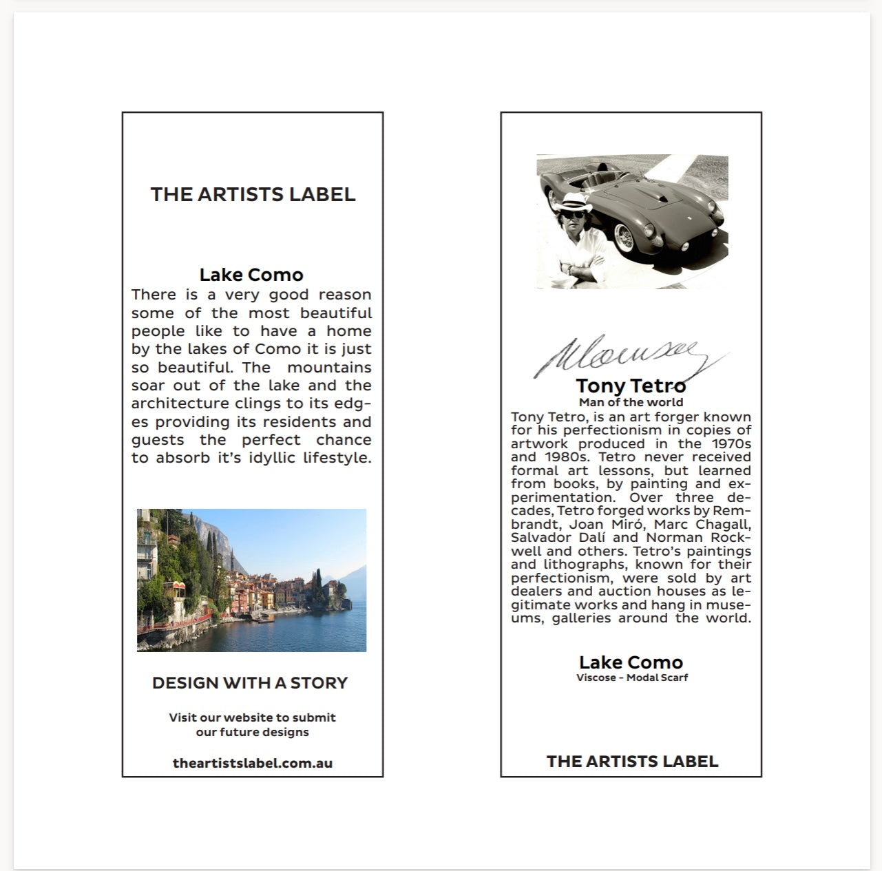 Advertisement for 'The Artists Label' featuring text and images of Lake Como and a car.