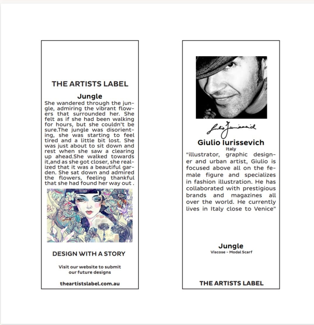 Promotional material for 'The Artists Label' featuring a quote and illustration of a woman in a garden.